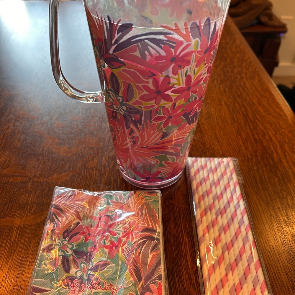 Floral Pitcher and Straw Set